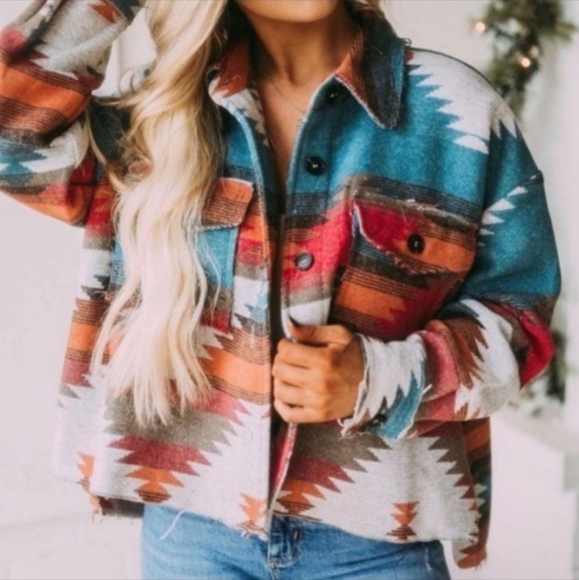 New Western Farmhouse Distressed Flannel Jacket Coat Shacket Button Top Blue Red - Picture 5 of 11